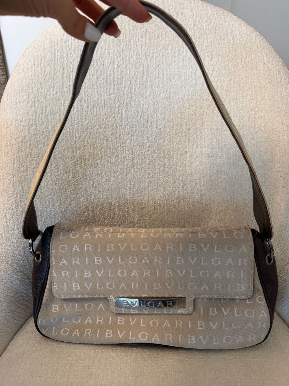 BVLGARI Beige Logo Shoulder Bag with Dark Brown Trim